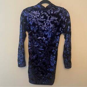 Paris Prom Long Sleeve Sequin Velvet Mini Dress Women’s Size Small Blue Formal